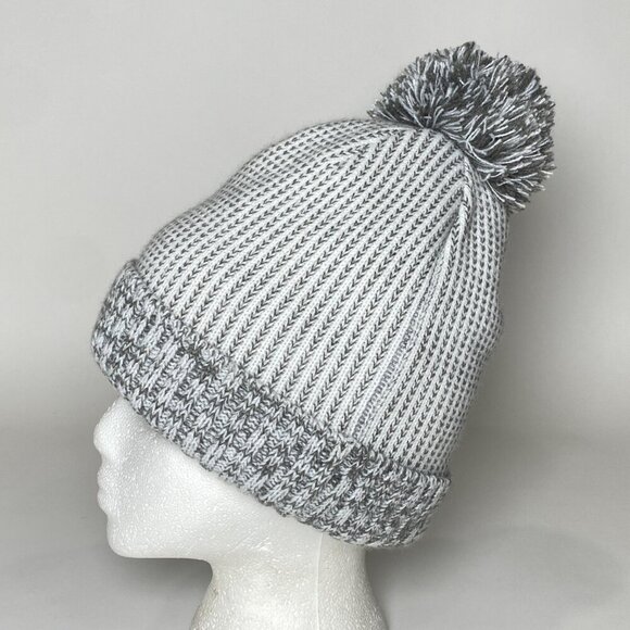LL Bean Knit Beanie Pom Pom Hat Cap Gray Striped Lined One Size Fits All - Picture 1 of 6